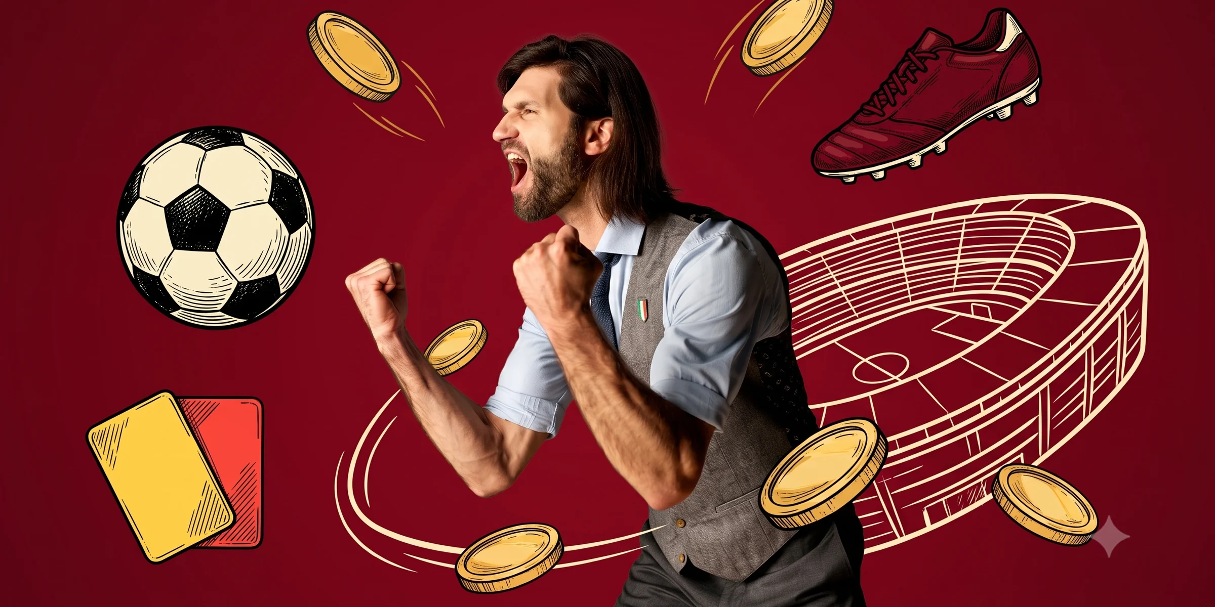 Betelli giriş sayfasında sevinen karakter, futbol topu ve altın paralar